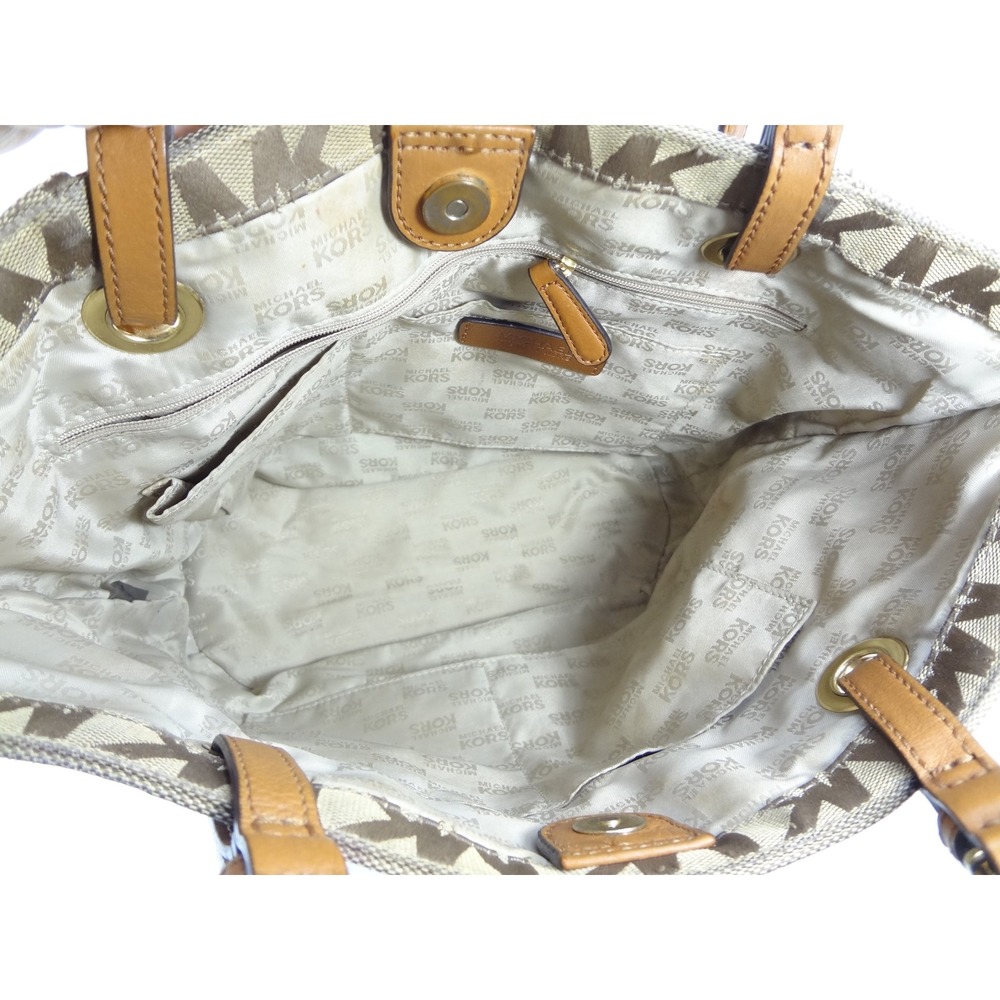 Michael Kors Beige Tan MK Monogram Canvas Tote Shoulder Bag Gold Hardware‎ - Picture 6 of 9